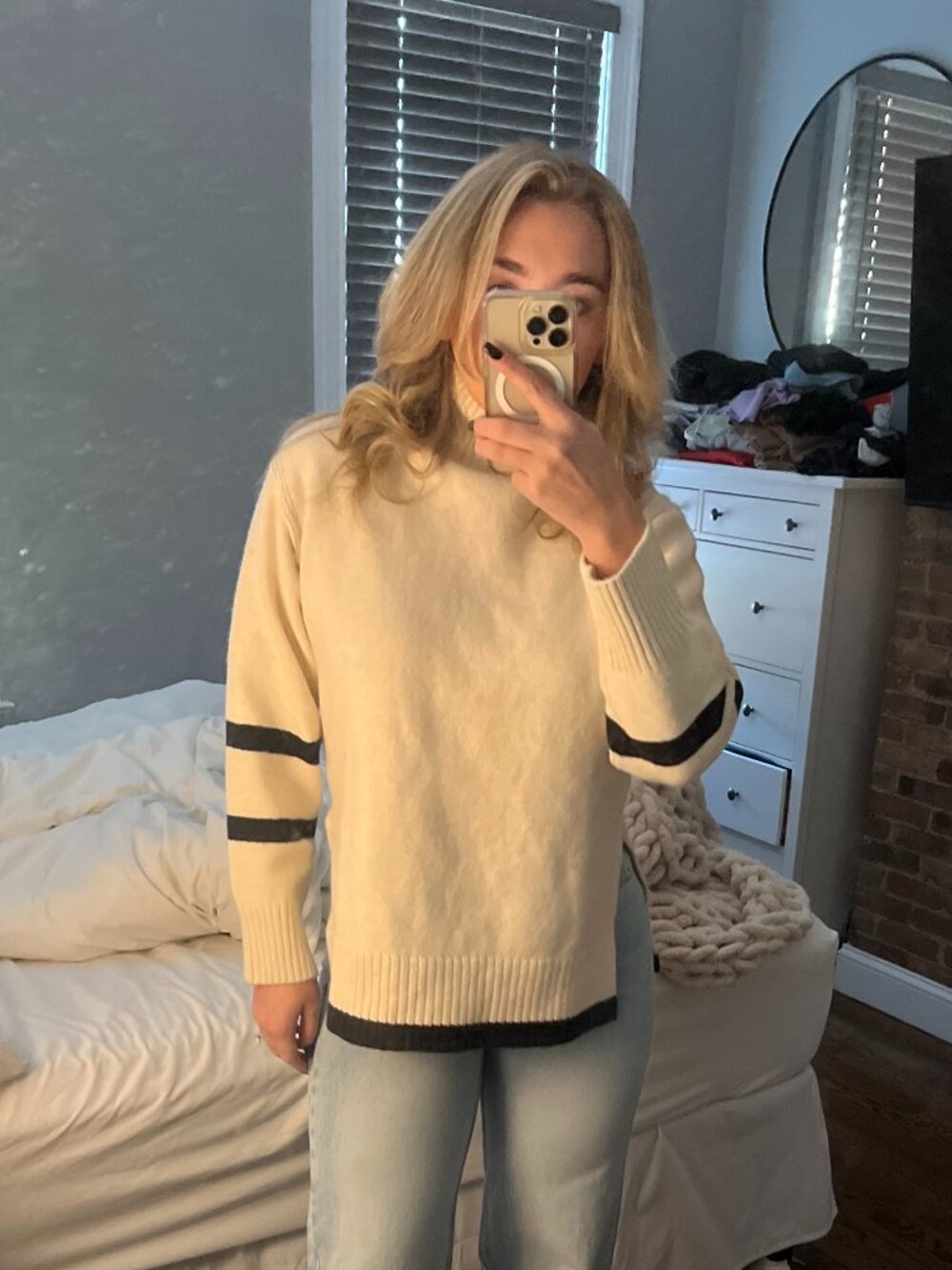 H&M Cream Cowlneck Sweater with Black Stripe Details
